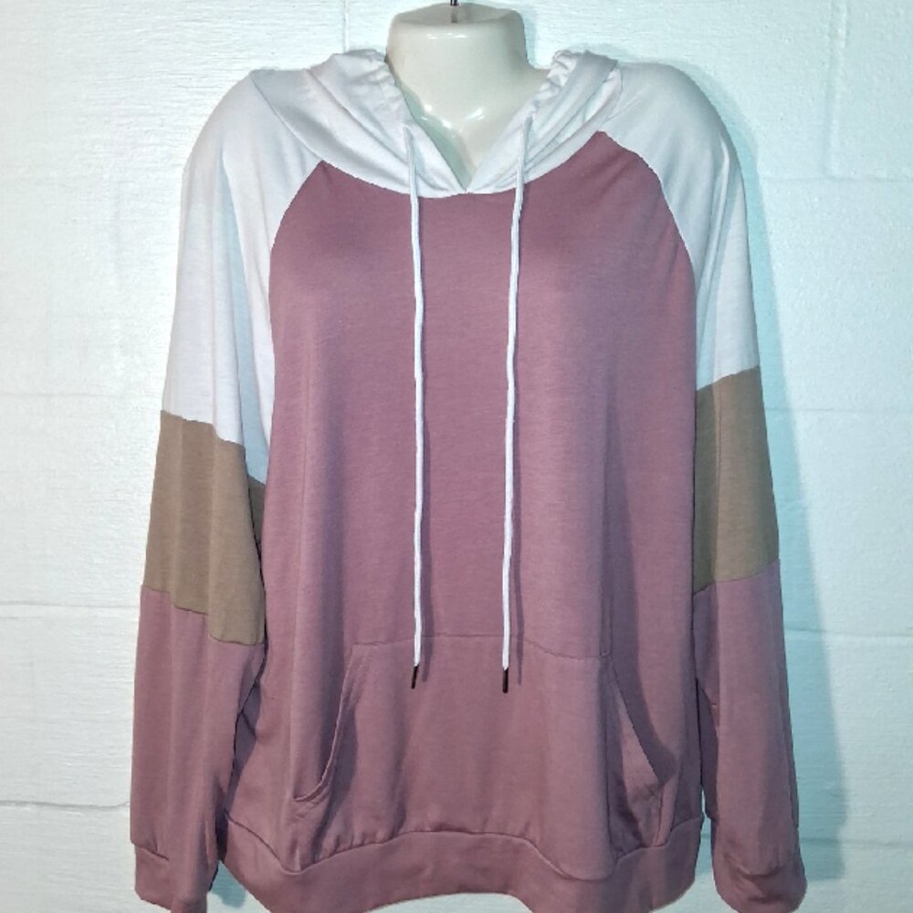 CALVES KELSON Womens XXL Color Block Hoodie Sweatshirt Pullover Pink Beige White